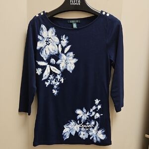 Ralph Lauren Navy and White Floral Long Sleeve Tee